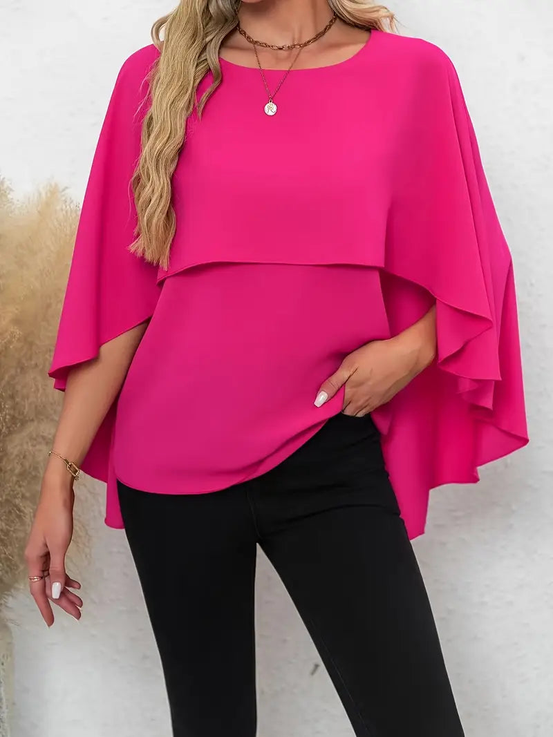 Elegant Layered Cape Sleeve Blouse, Solid Color Round Neck Top With Ruffled Detailing, Lightweight, Casual & Formal Wear