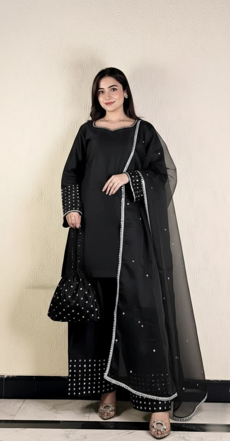 Designer Silk Short Shirt & Shalwar Set With Crystal Detailing.