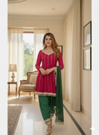 Stylish Red And Green Empire Cut A-Line Kurta With Trouser & Gotta Patti Dupatta.