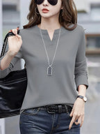 NISWA STYLE Elegant Women’s Blouse, Solid Color Long Sleeve V-Neck Shirt, Flowy Button-Up Formal Outfits
