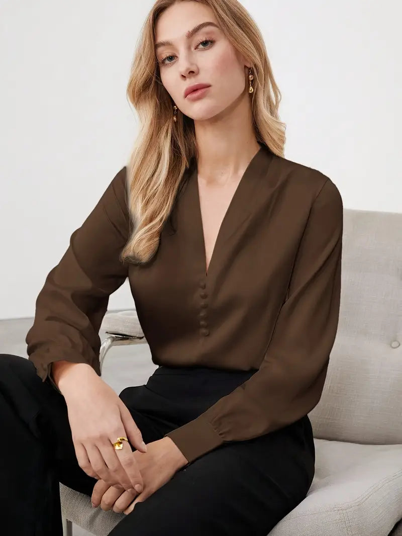 Elegant V-Neck Blouse, Satin Puff Sleeve Top With Buttons, Versatile Fashion