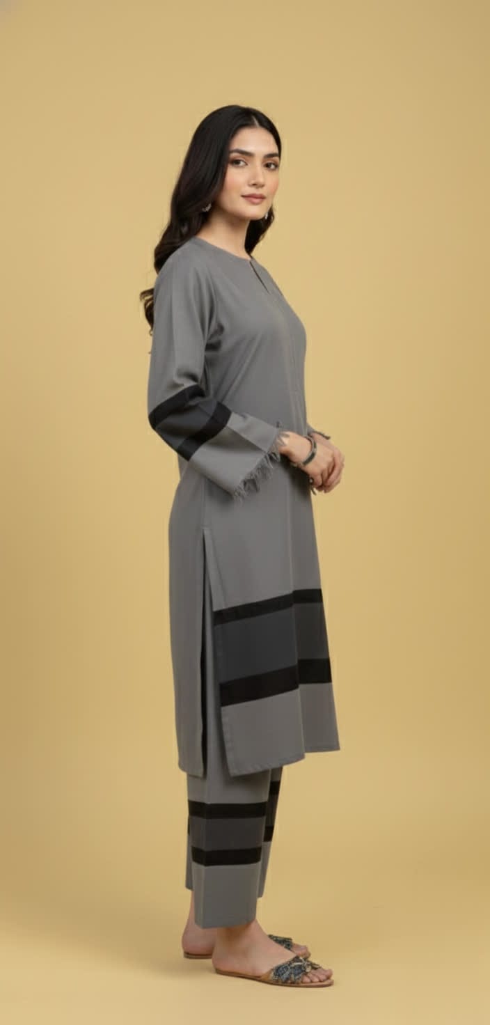 Elegant Cambric Cotton Long Kurti & Trouser Set For Women – Minimalist Light Shade Outfit With Contrast Patch Work.