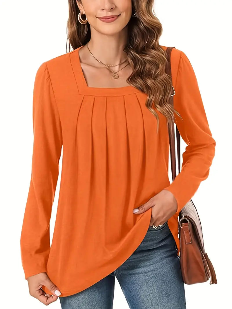 Elegant Long Sleeve Blouse For Women – Non-See-Through Button-Front Shirt, Square Neckline, Stylish Top