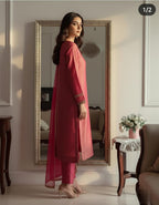 Elegant Shimmer Silk Ethnic Wear Set – Straight Kurta With V-Neck, Chiffon Dupatta & Shantoon Bottoms.
