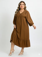 Elegant V-Neck Midi Dress – Lantern Sleeve Flowy Brown Dress | Loose Fit Button Detail Casual Outfit |  Lightweight and Stylish Midi Dress
