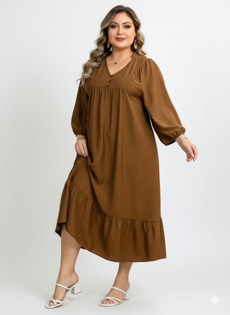 Elegant V-Neck Midi Dress – Lantern Sleeve Flowy Brown Dress | Loose Fit Button Detail Casual Outfit |  Lightweight and Stylish Midi Dress