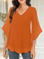 Elegant V-Neck Shirting Blouse, 3/4 Sleeve Top With Double Layer Mesh, Hollow Details, Casual & Formal Blouse
