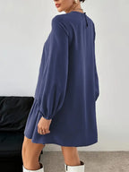 Elegant Navy Blue A-Line Dress – Puff Sleeve Short Dress With Flared Hem & Round Neck | Wrinkle-Resistant