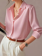 Elegant Long Sleeve Blouse, Classic Solid Color Button-Up Shirt With Lapel Collar, Office And Casual Wear