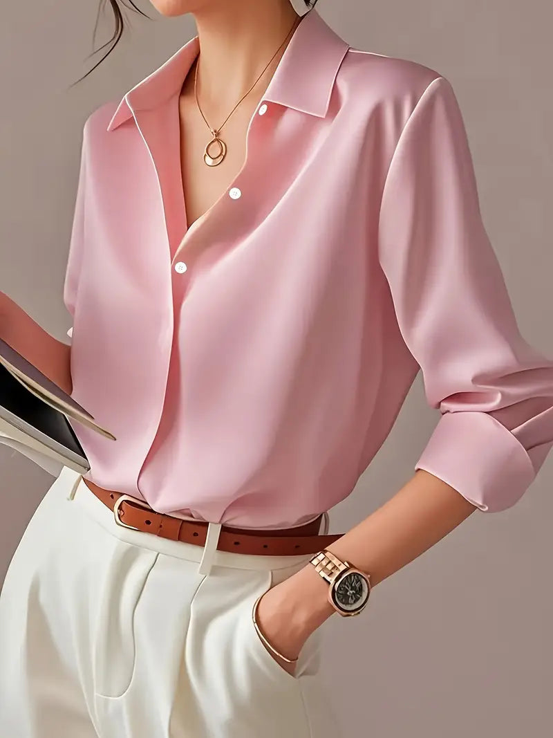 Elegant Long Sleeve Blouse, Classic Solid Color Button-Up Shirt With Lapel Collar, Office And Casual Wear