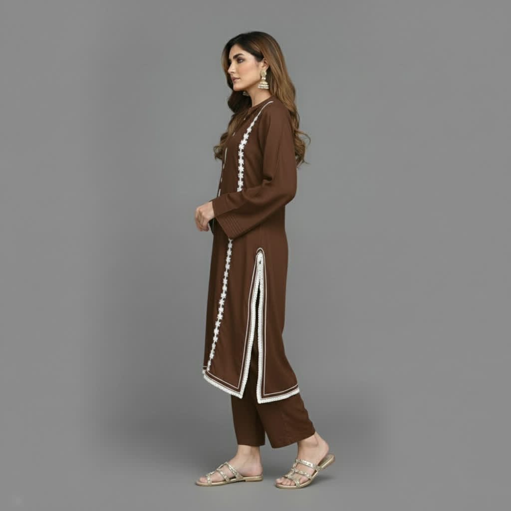 Modern Lace Kurta Co-ord Set, Stylish Long Kurta With Florals & Straight Pants With Stand Collar & Decorative Buttons.