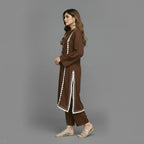 Modern Lace Kurta Co-ord Set, Stylish Long Kurta With Florals & Straight Pants With Stand Collar & Decorative Buttons.