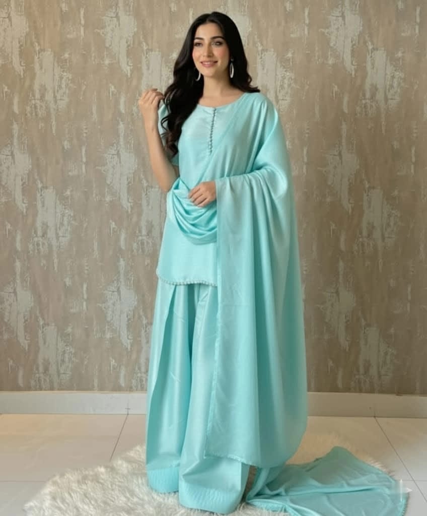 Elegant Raw Silk Shalwar Kameez Set With Organza Dupatta & Lace Detailing - Women’s Festive & Formal 3-Piece Suit