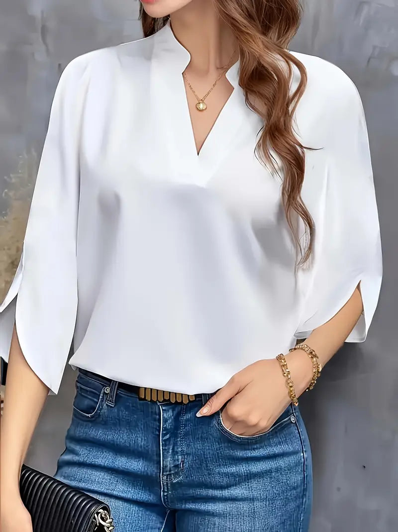 Mid-Sleeve Stand-Up Collar Top, Elegant Casual And Formal Wear, Sophisticated Flowing Silhouette
