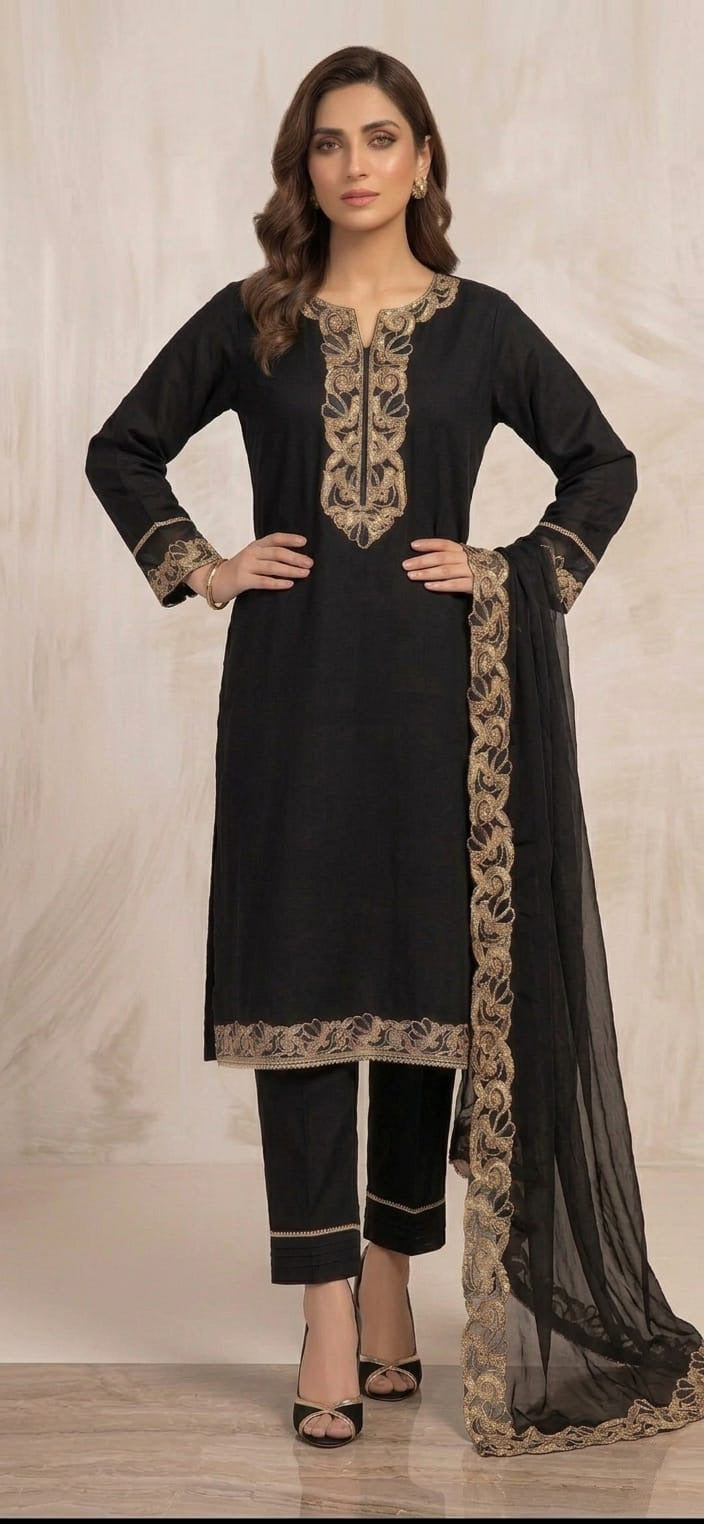 Black Embroidered Lace Three Piece Suit