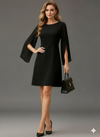 Women’s Elegant Black Puff Sleeve A-Line Maxi Dress –  Long Formal Gown With Round Neck, Flowy Floor-Length Design, Sophisticated Winter Fashion