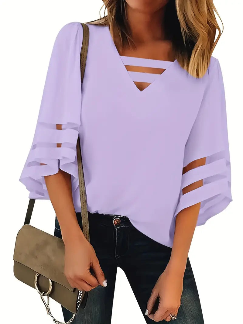 Elegant V-Neck T-Shirt – 3/4 Sleeve  Blouse With Breathable Mesh Panel Top For Casual & Everyday Wear