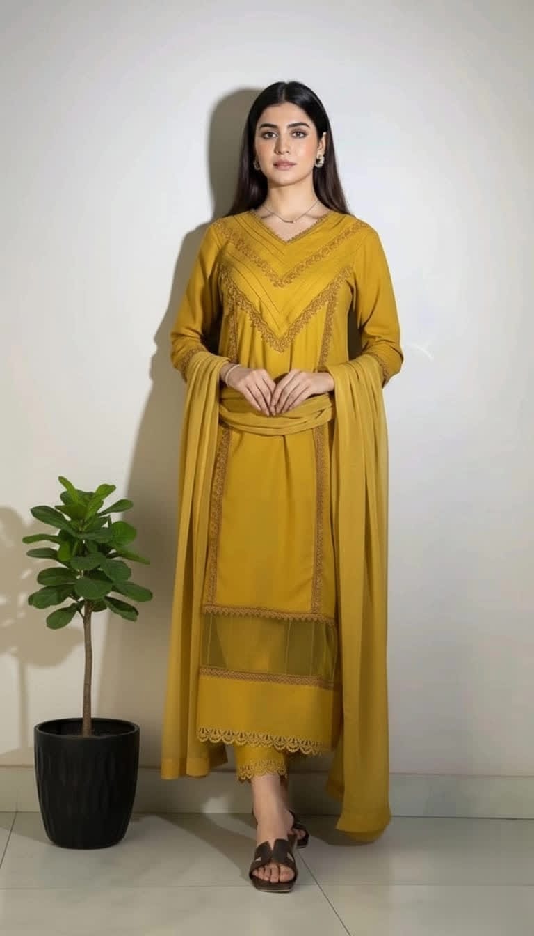 Cotton Lace Kurta Set For Women – 3 Piece Ethnic Suit With Chiffon Dupatta. |