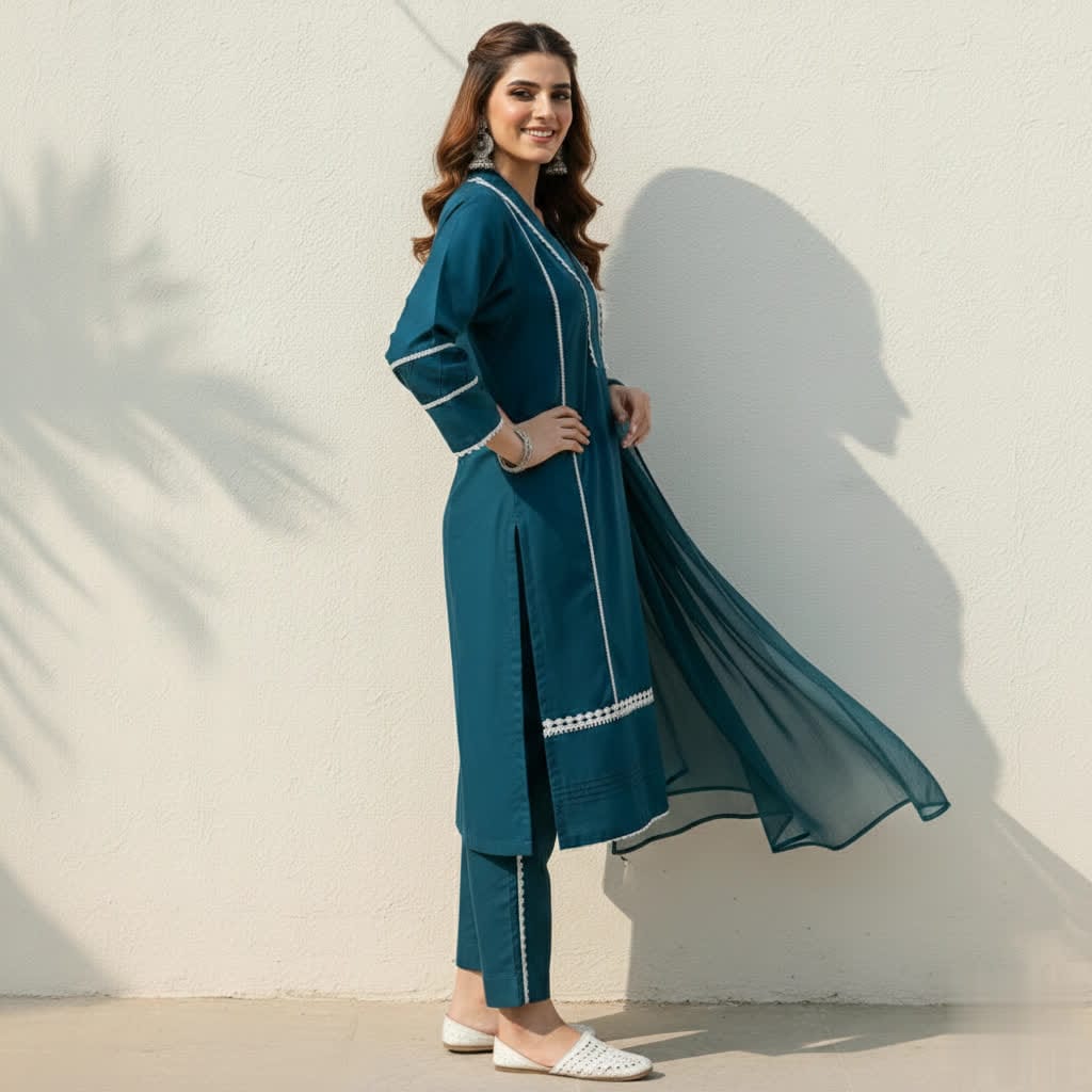 Classic Solid Cotton Ethnic 3-Piece Suit With Lace Embellishment