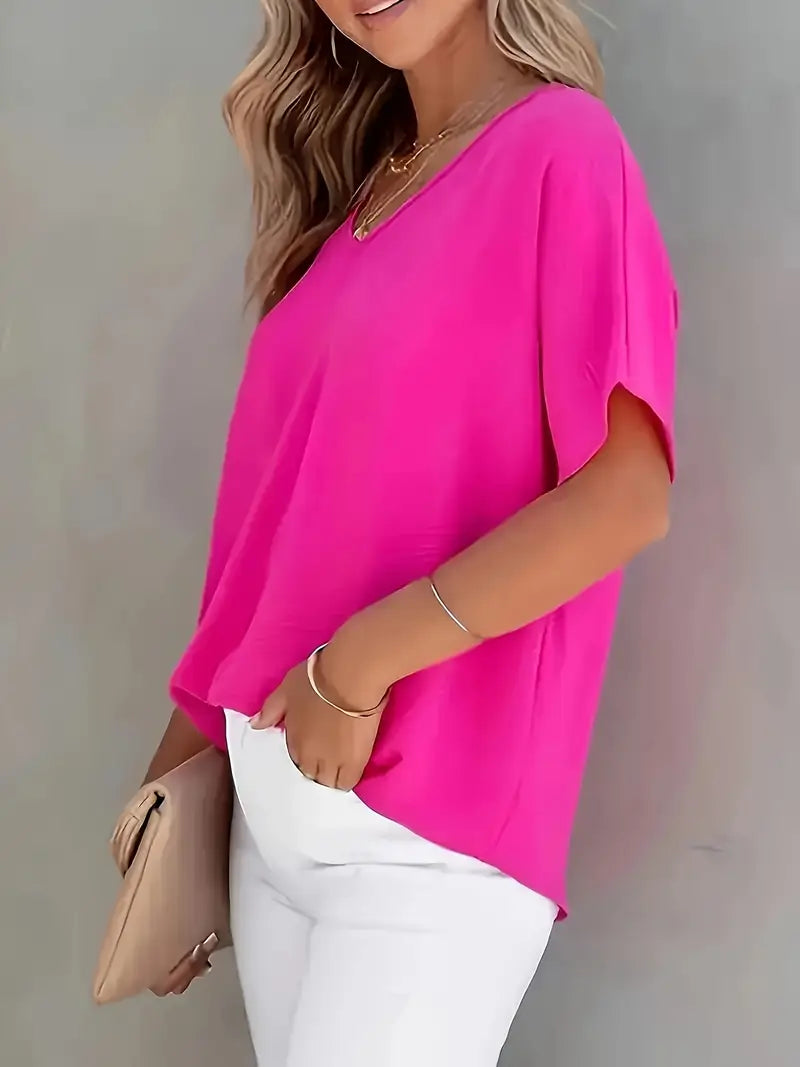 Elegant V-Neck Short Sleeve Blouse, Neckline Shirt With Glossy Finish, Breathable Top For Office And Casual Outings
