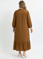 Elegant V-Neck Midi Dress – Lantern Sleeve Flowy Brown Dress | Loose Fit Button Detail Casual Outfit |  Lightweight and Stylish Midi Dress