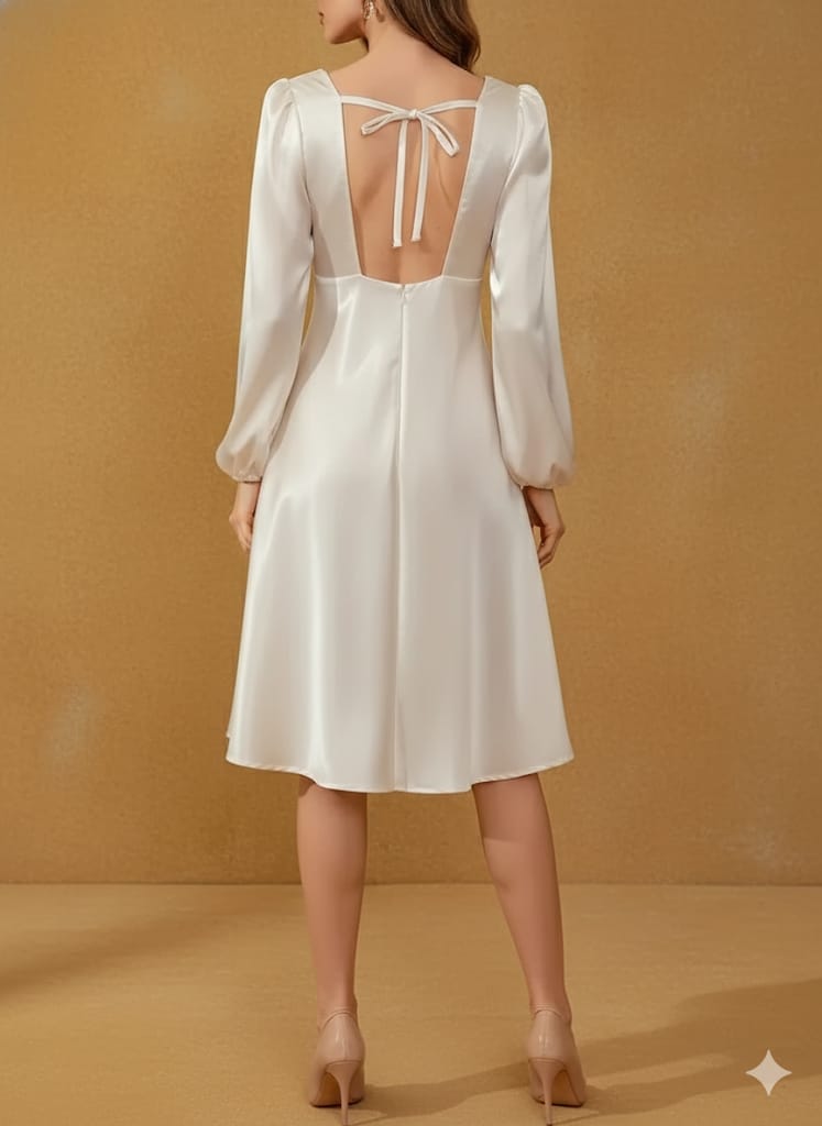 Elegant White Poinsettia Sleeve Slim-Fit Dress – Long Sleeve A-Line Mid-Length Dress With Back Zipper | Winter Formal Coat-Inspired Outfit