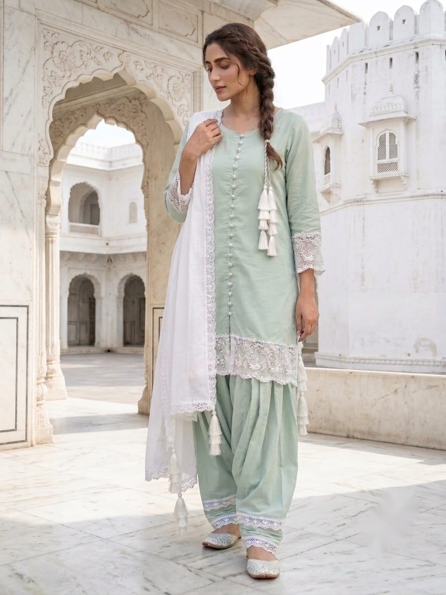 Pastel Mint Green Farshi Salwar Kameez Set With White Lace Dupatta