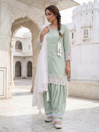Pastel Mint Green Farshi Salwar Kameez Set With White Lace Dupatta