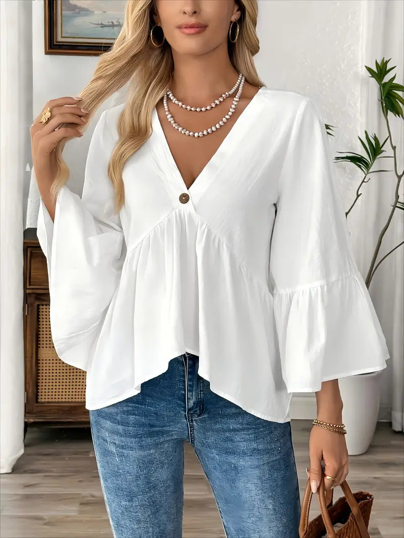 V-Neck Puff Sleeve Blouse, Asymmetrical Hem, Smock Neckline, A-Line Casual To Semi-Formal Tunic Top