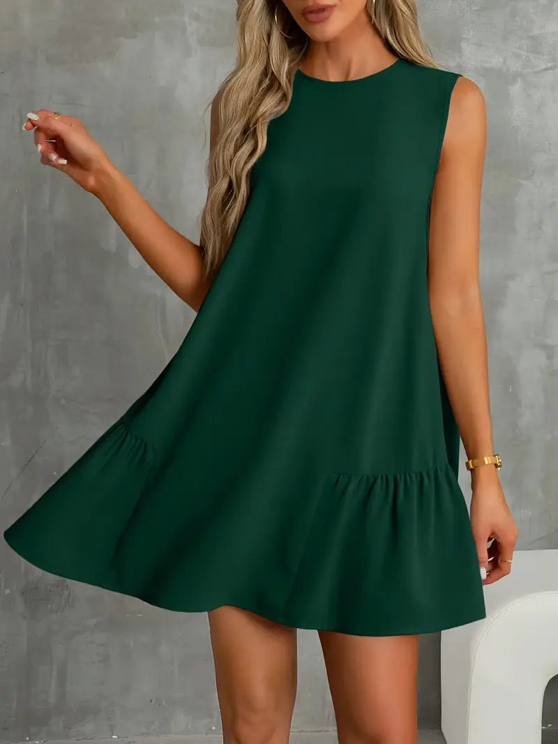 Bohemian Green Sleeveless Mini Dress – Round Neck Dress With Ruffled Hem, Flowy Fabric | Boho Chic Outfit