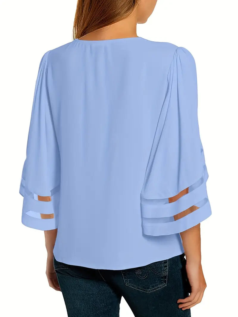Elegant V-Neck T-Shirt – 3/4 Sleeve  Blouse With Breathable Mesh Panel Top For Casual & Everyday Wear