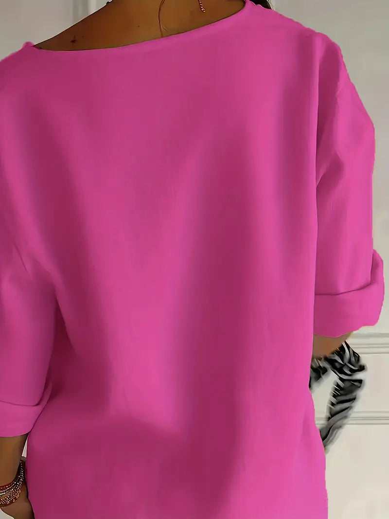 Classy Loose-Fit Blouse, Round Neck Short Sleeve Top With Decorative Button Details, Relaxed Fit, Everyday & Leisure Outfits