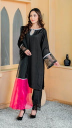 Luxury Black Armani Silk Stitched Suit With Statement Dupatta