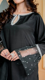 Luxury Black Armani Silk Stitched Suit With Statement Dupatta