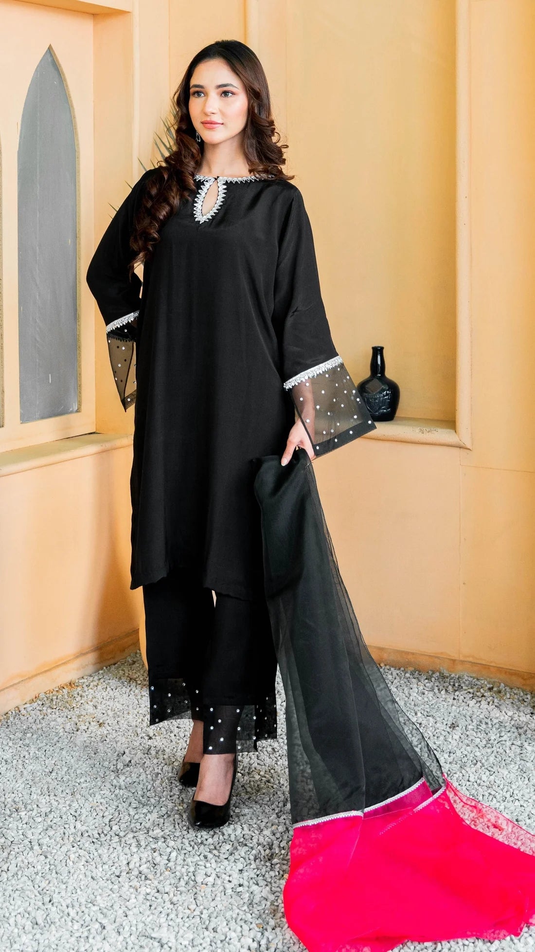 Luxury Black Armani Silk Stitched Suit With Statement Dupatta