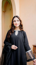 Luxury Black Armani Silk Stitched Suit With Statement Dupatta