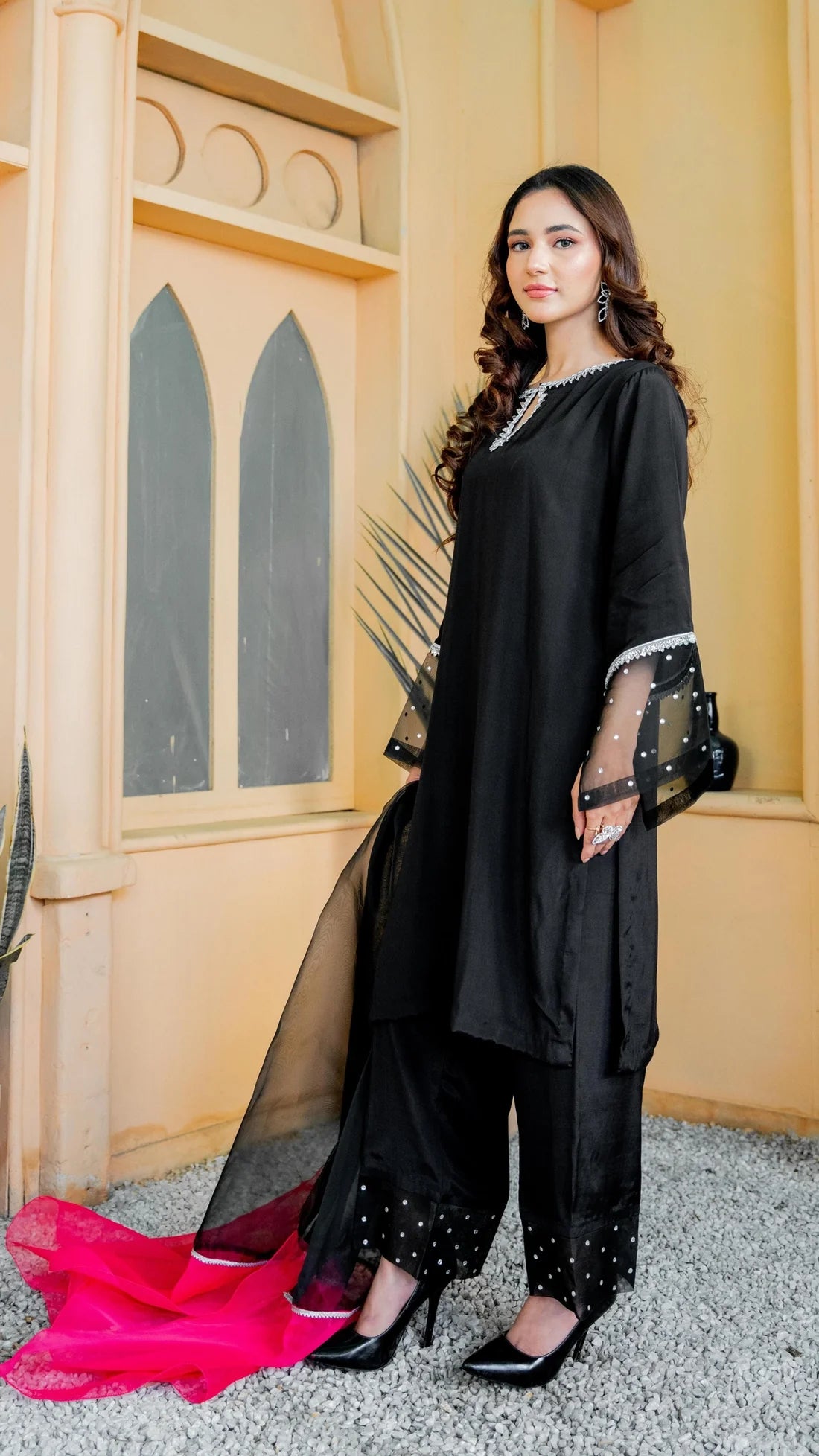 Luxury Black Armani Silk Stitched Suit With Statement Dupatta