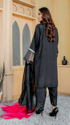 Luxury Black Armani Silk Stitched Suit With Statement Dupatta