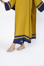 Neon Green Contemporary Long Dress For Women – Elegant Blue Border Detail, Flowing Sleeves & Modern Modest Wear