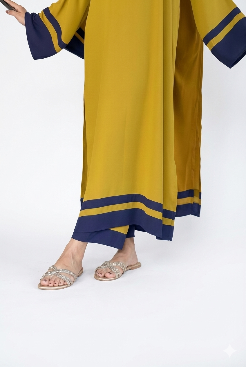 Neon Green Contemporary Long Dress For Women – Elegant Blue Border Detail, Flowing Sleeves & Modern Modest Wear