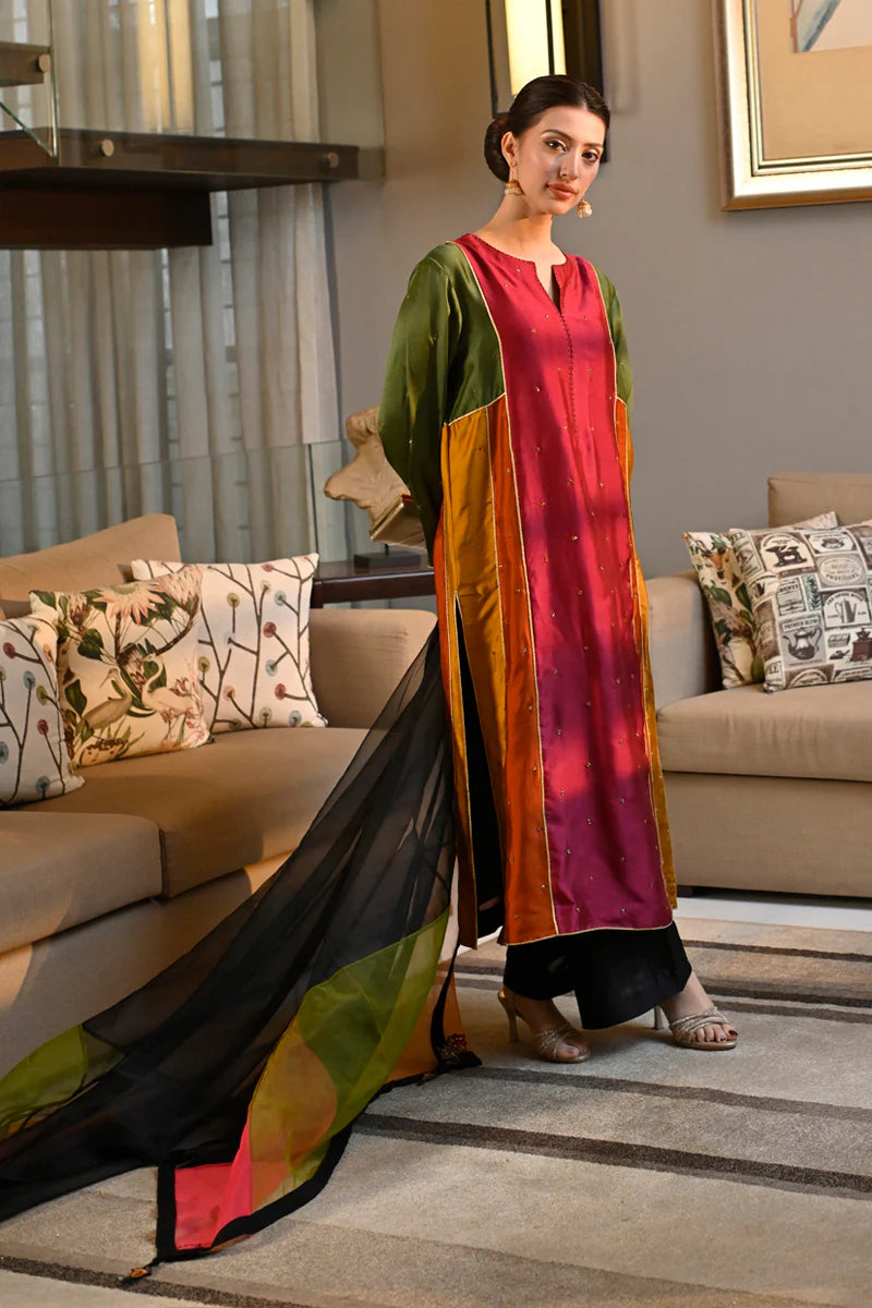Elegant Color Block Long Dress Ethnic Suit
