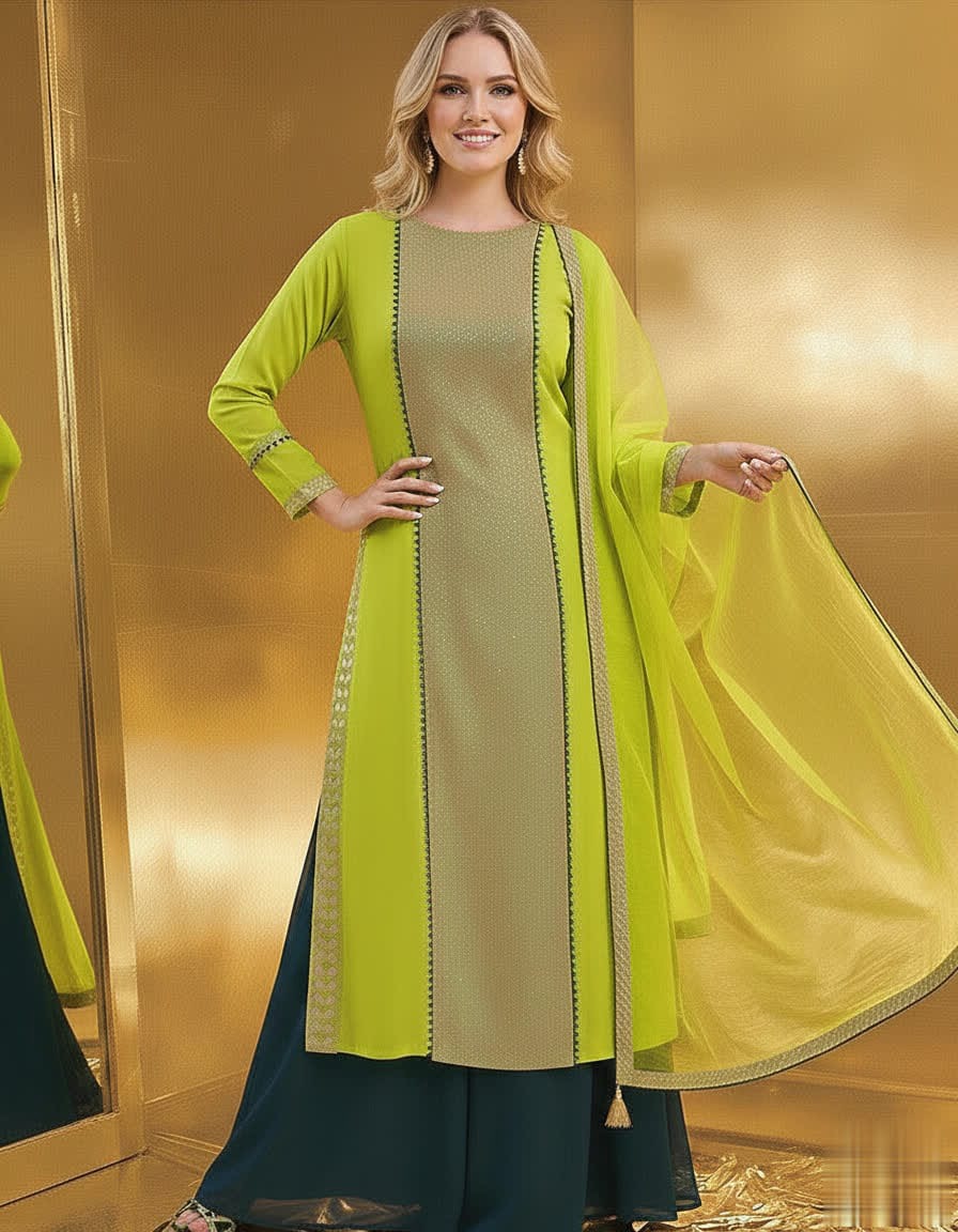 Ethnic Green Long Shirt Palazzo Suit With Organza Dupatta With Sequin Detailing.