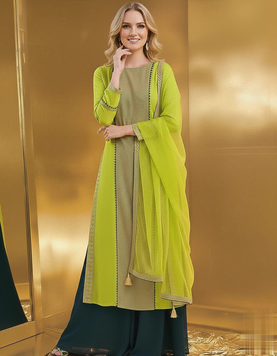 Ethnic Green Long Shirt Palazzo Suit With Organza Dupatta With Sequin Detailing.