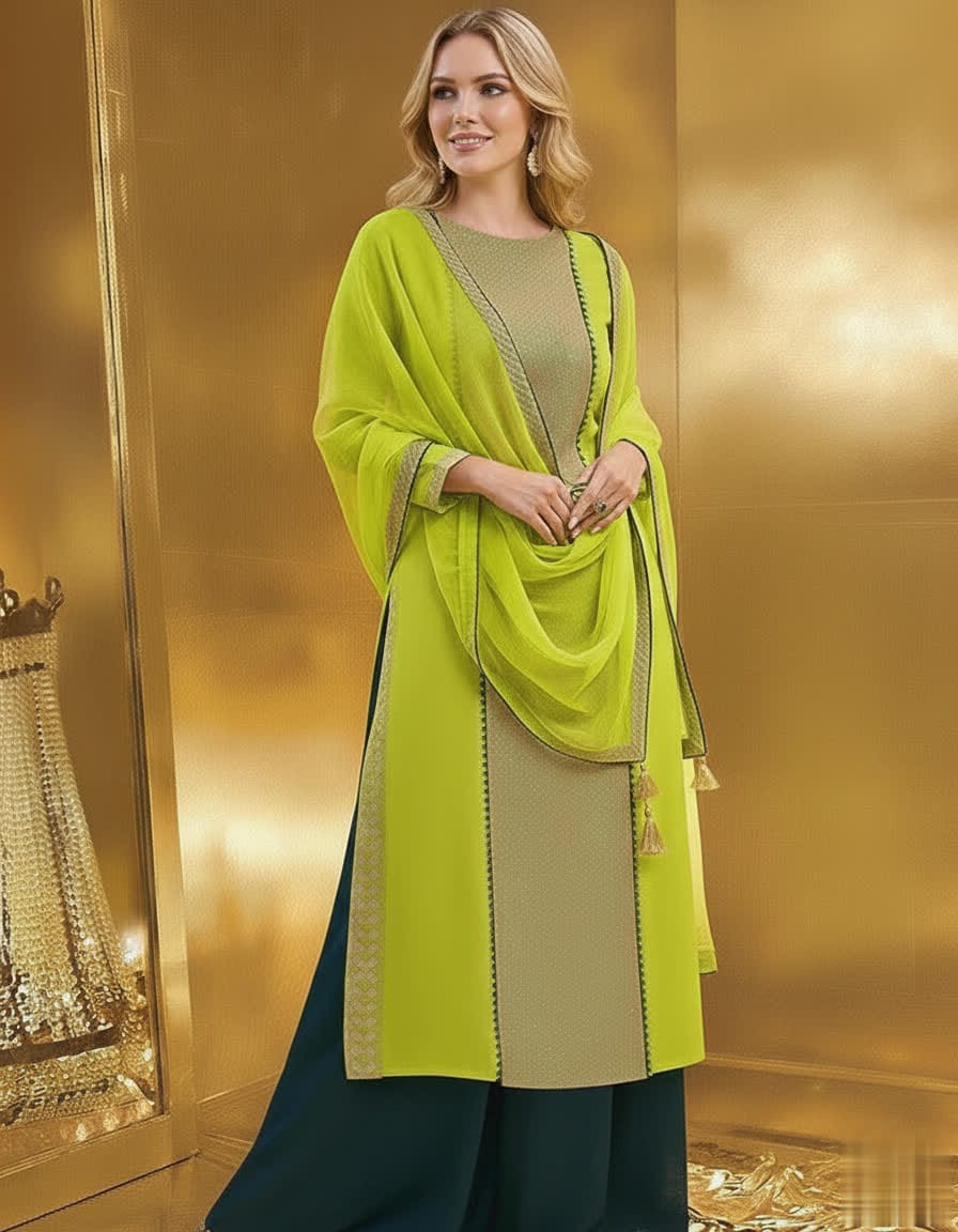 Ethnic Green Long Shirt Palazzo Suit With Organza Dupatta With Sequin Detailing.