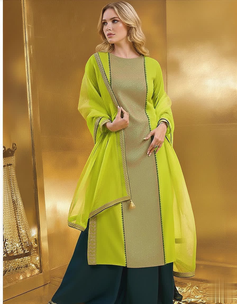 Ethnic Green Long Shirt Palazzo Suit With Organza Dupatta With Sequin Detailing.