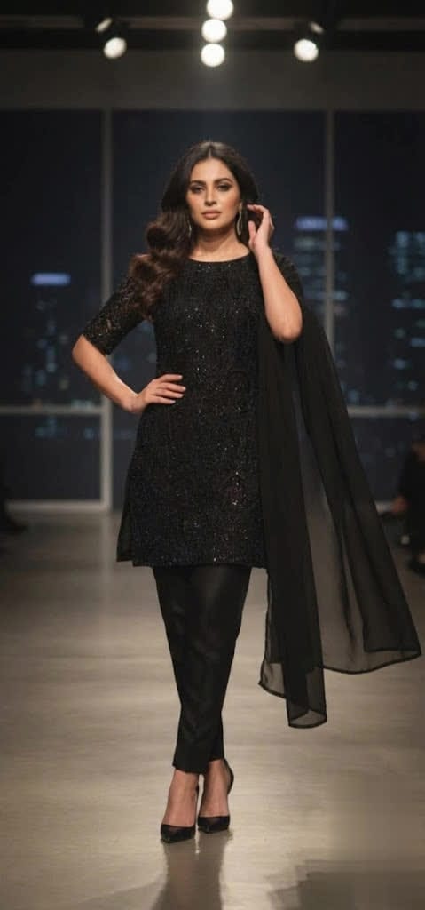 Modern Net Embroidered Short Shirt Suit - Sequins Round Neck Top With Plain Trouser & Dupatta.