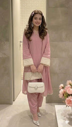 Classic Pink Linen Suit With White Hem Detail & Chiffon Dupatta.