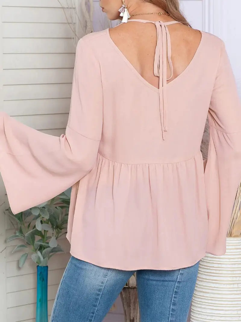 Elegant V-Neck Blouse with Adjustable Tie & Bell Sleeves, Non-Stretch Fabric, Stylish Feminine Blouse