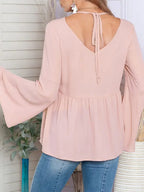 Elegant V-Neck Blouse with Adjustable Tie & Bell Sleeves, Non-Stretch Fabric, Stylish Feminine Blouse