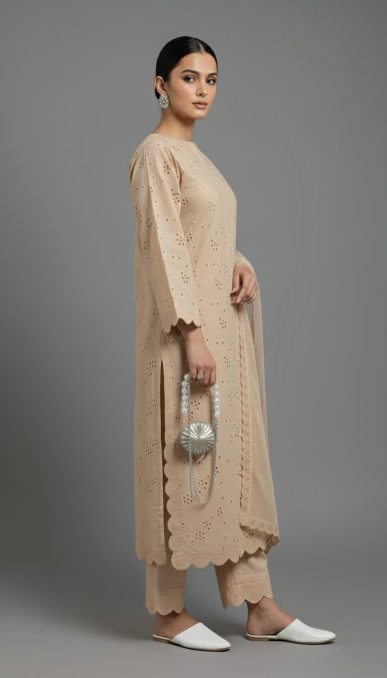 Premium Chikankari Salwar Kameez –  Long Shirt With Scallop Border, Cotton Trouser & Elegant Dupatta - New Light-Shade Collection For Women